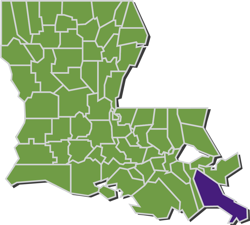 Map of Louisiana parishes with Plaquemines parish highlighted in purple.